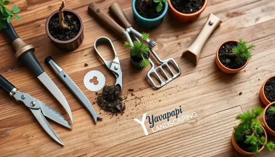 gardening tools including bonsai pruning shears, potted plants, and 'yavapai landscaping' text on a wooden surface