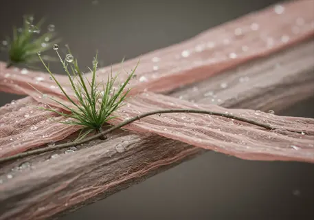 gentle misting on tillandsia air plant: water droplets on green pups and textured fabric, demonstrating gradual moisture introduction for healthy growth