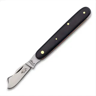 german-made rose cutting preparation knife with black handle (brass pins) and curved grafting blade for precise stem cutting