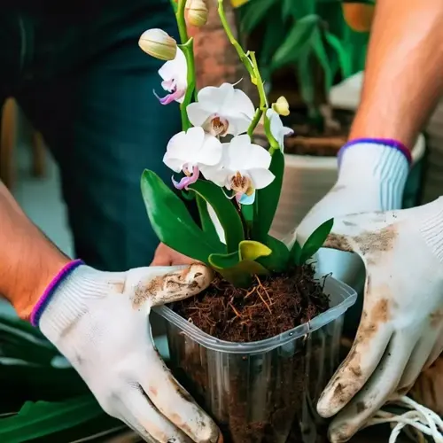 gloved gardener hands holding potted orchid during fertilization, white flowers with purple accents