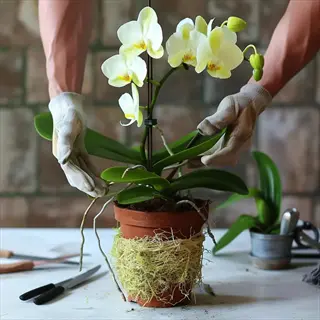 gloved hands repotting orchid plant in terracotta pot with moss, showcasing white phalaenopsis blooms and gardening tools on table