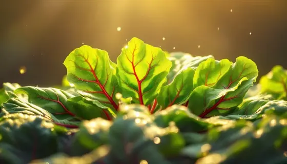 golden sunrise chard plants with large dewy green leaves featuring bright red veins, illuminated by warm golden sunlight creating bokeh background effects