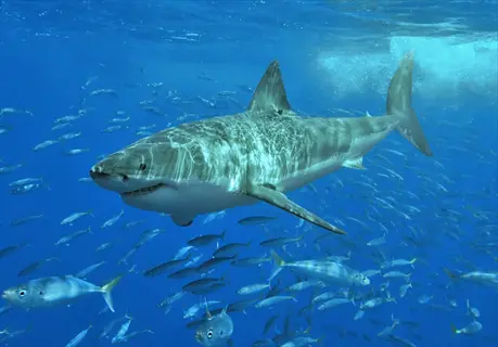 great white shark swimming in the clear blue ocean with a school of fish. great white shark ocean