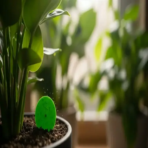 green adhesive disc trap for fungus gnat houseplant soil surrounded by lush leaves in a pot