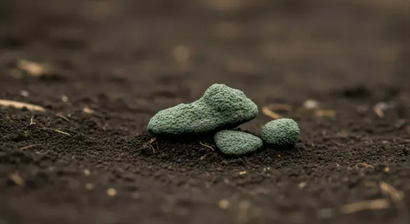 green fertilizer pellets placed on dark soil, demonstrating slow release pellet method for plant nutrition