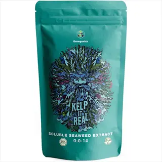growganica kelp it real soluble seaweed extract (0-0-14) packaging - organic kelp meal fertilizer with artistic face illustration