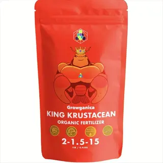 growganica king krustacean organic fertilizer (2-1.5-15) packaging with crowned crab character, representing marine-based fish hydrolysate fertilizer