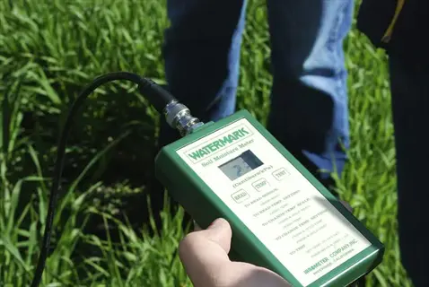 hand holding a green watermark soil moisture meter in a sunny grassy field, demonstrating light meter plants measurement for agriculture