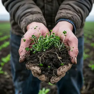 hands holding soil with uneven, sparse seedlings demonstrating patchy seedling growth in a field