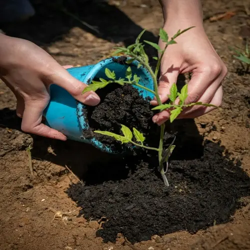 hands transplanting a seedling from a blue pot into garden soil during gardening