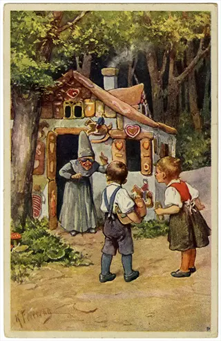 hansel and gretel scene: children meeting witch at gingerbread house in forest illustration