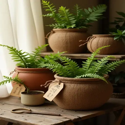 healthy indoor ferns in woven and terracotta pots with handwritten gift tags, arranged on a rustic wooden plant stand by a sunlit window with curtains, alongside gardening shears