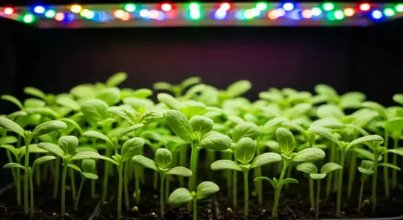 healthy seedlings growing under multicolor led lights for seedling heat mat lights system