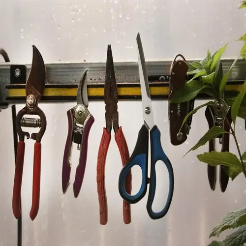 hydrangea pruning shears and garden tools hanging on a rail with leafy plant background