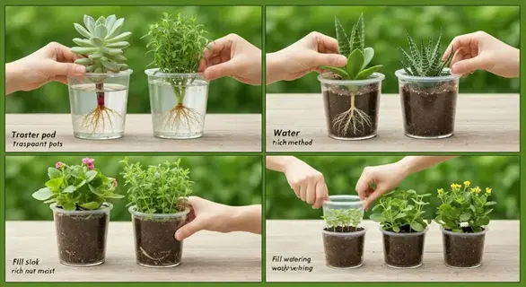 hydroponic mint plant in clear pot with visible roots, plus soil transplanting and watering steps