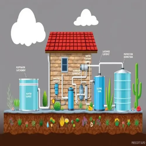 illustrated rainwater harvesting system showing collection tank, filtration units, and storage tanks near a house with landscape elements like cacti and flowers