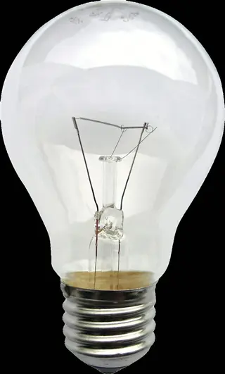 incandescent light bulb: clear glass a19 shape with visible filament and e27 screw base on black background
