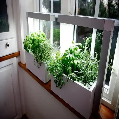 indoor herb garden kitchen: two white planters with fresh green herbs on a sunlit windowsill, assisted by grow lights
