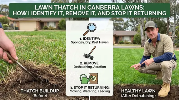infographic: lawn thatch dethatching rake in 3-step canberra lawn thatch management (identify, remove, prevent) with expert guide