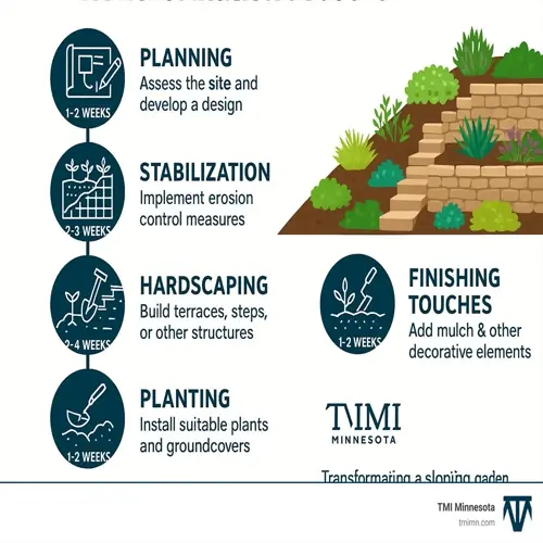 infographic showing sloping garden transformation steps: planning, erosion control, hardscaping terraces, planting, finishing touches with tmi minnesota logo