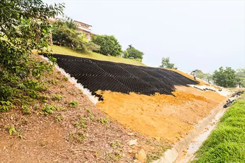 installation of erosion control blanket on sloping hillside with workers, surrounded by tropical vegetation and residential buildings