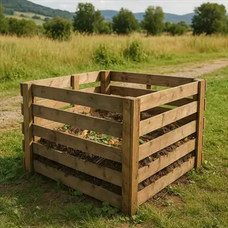 large garden composter made of wooden slats in a sunny grassy field with hills in the background