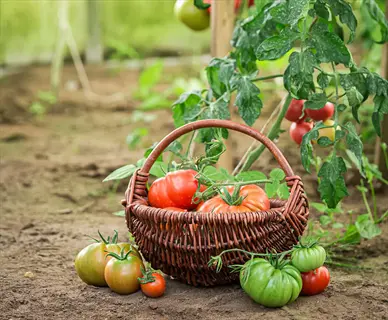 large red tomato garden with basket of ripe tomatoes and plants in the background