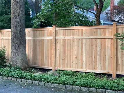 light brown cedar wood fence with vertical planks in a residential backyard surrounded by trees and greenery