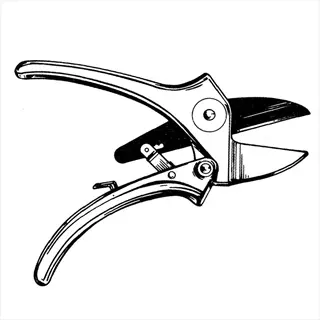 line art illustration of anvil pruning shears with curved handles and cutting blades