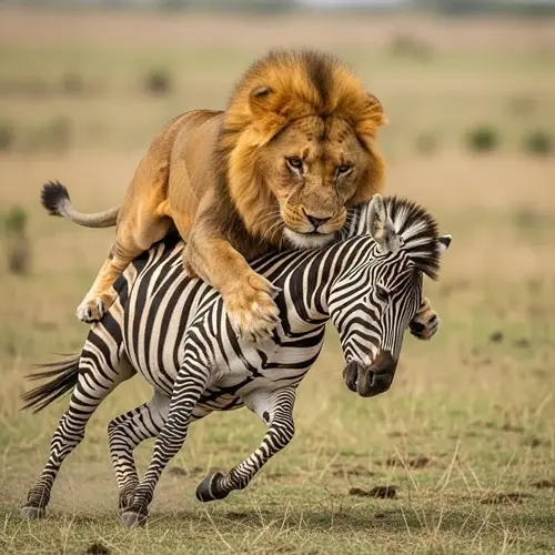lion hunting zebra in the african savannah: predator attacking prey on grassy plain