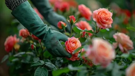 long green rose pruning gloves tending vibrant orange-pink roses in a garden; thorns visible on stems