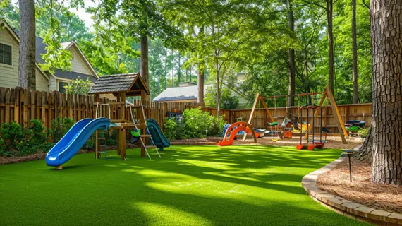 lush artificial school playground grass with play structures, slides, and swings in a sunny backyard setting