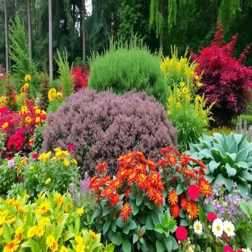 lush flowering shrubs garden featuring vibrant red, yellow, and purple blooms with dense green foliage in a forest setting