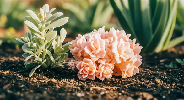 lush garden with pink flowering plants and green foliage, illustrating a potassium bicarbonate garden for organic pest control