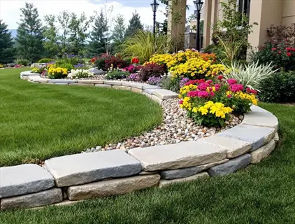 lush native grass lawn bordered by stone retaining wall, vibrant flower beds with pink, yellow, and red blooms beside a house