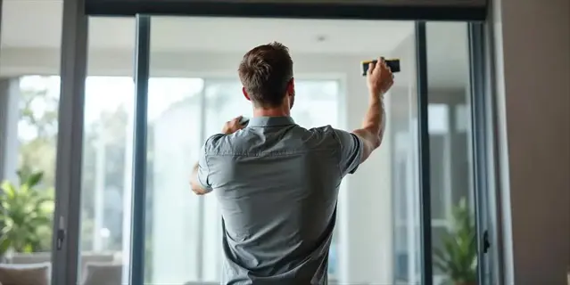 man applying window reflective film to a large sliding glass door using a squeegee indoors, with potted plants visible outside