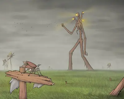 mars madness: desolate landscape with towering multi-eyed stick figures and giant insect on broken sign under gloomy sky