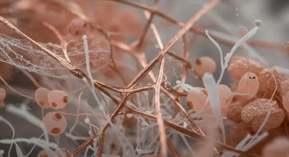 microscopic view of soil organisms showing fungal hyphae networks and protozoan/nematode-like structures in earthy tones