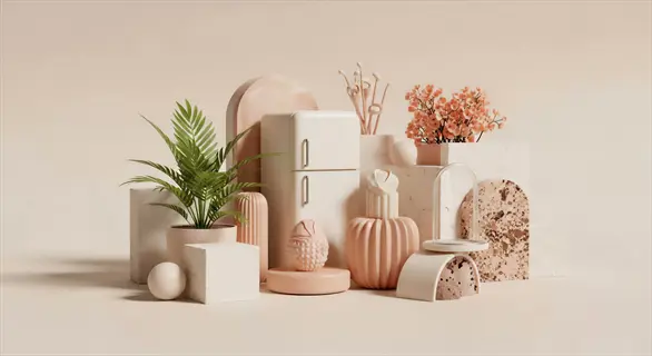 minimalist still life with insulated hot composter, retro fridge, potted plants, geometric shapes, and decor in soft pastel tones