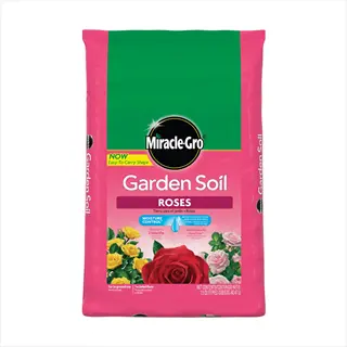 miracle-gro garden soil for roses bag - pink and green packaging with moisture control feature and rose illustrations
