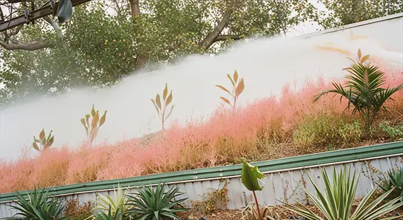 misty greenhouse with pink-tinted grasses and tropical plants showcasing an evaporative cooling system in action