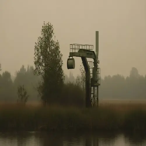 misty water treatment plant wetlands scene with industrial pump structure, reeds, and still water body