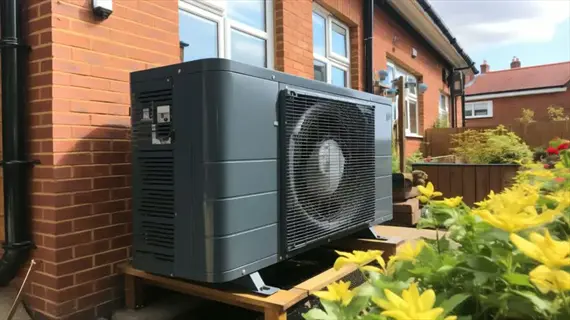 modern geothermal heat pump unit installed outdoors for climate control in greenhouse or residential settings, surrounded by flowering plants