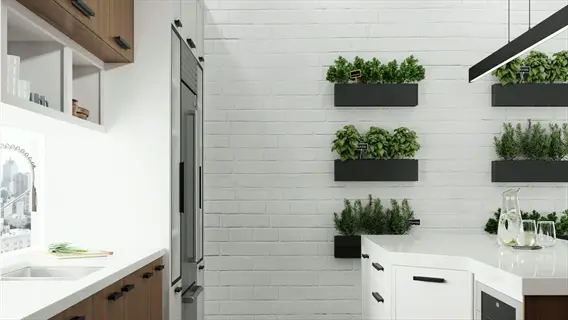 modern kitchen with wall-mounted black herb kitchen windowsill planters holding fresh herbs against white brick wall