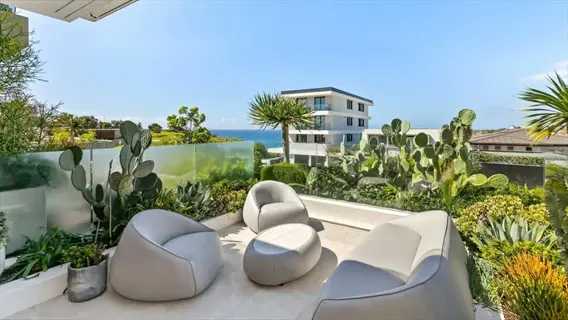 modern minimalist terrace garden with outdoor seating and cactus plants