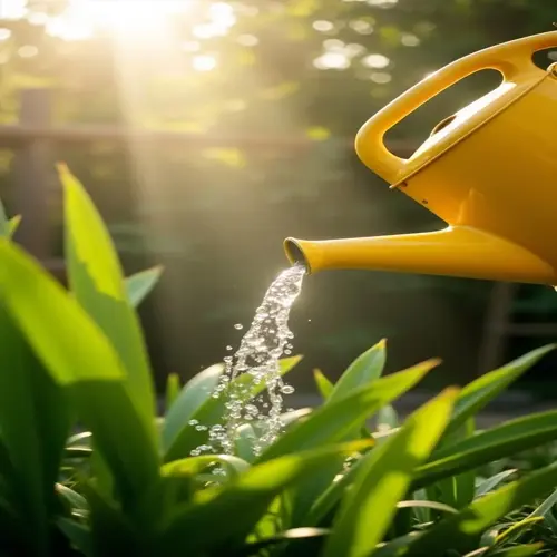 morning garden watering: yellow watering can pouring water onto dewy green plants with sunbeams in background