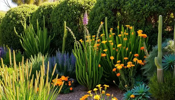 native plant garden showcasing cultural control: diverse cacti, orange flowers, and purple blooms outcompete invasive species