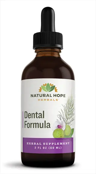 natural dental care product: brown glass dropper bottle of natural hope herbals dental formula herbal supplement with botanical label design