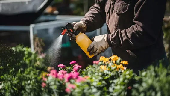 neem oil bottle garden: gloved hands spraying yellow bottle on colorful flowering plants in sunny garden