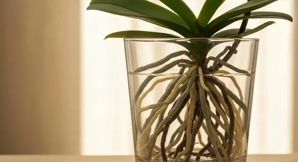 orchid in clear glass container with visible roots in water, demonstrating an orchid humidity tray for humidity control